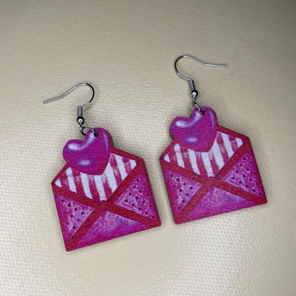 Jewelry - Pink Wood Envelope Earrings with Heart